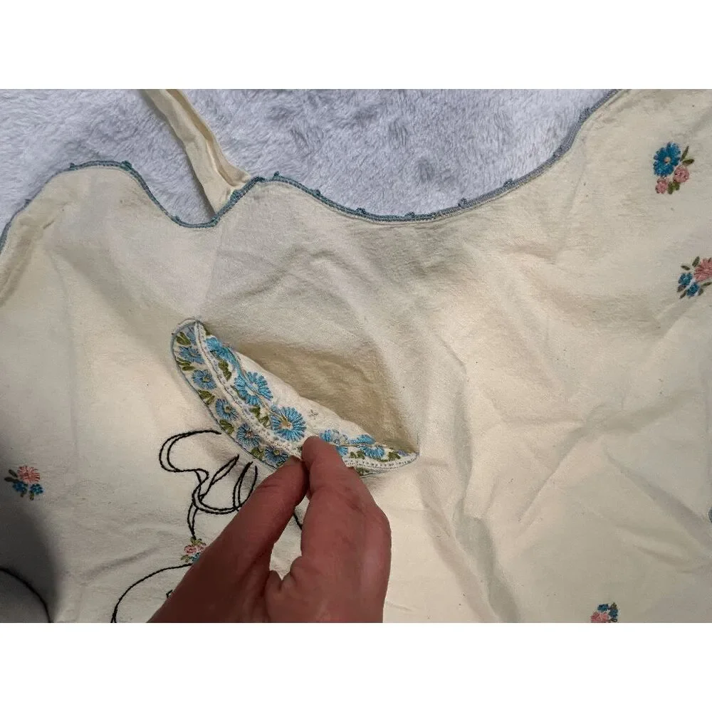 Handmade Full Front Cream Flower Embroidered Apron, Pocket, Detailed, Unique
